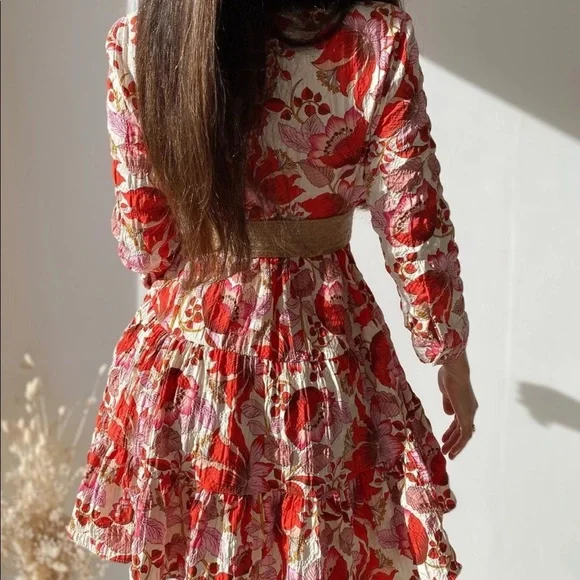 New Zara Mini Floral Dress S Red Pink - Picture 3 of 15